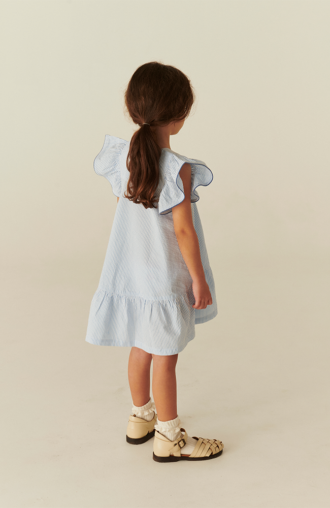 Seersucker Dress w/ Frill Sleeves - Sky Blue w/ Cream Stripe