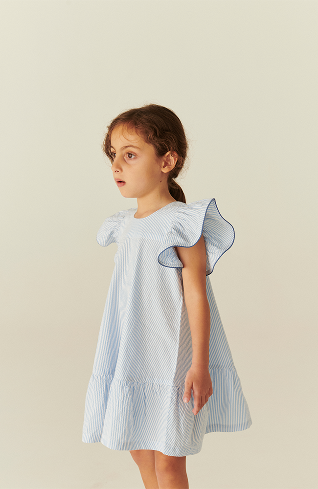 Seersucker Dress w/ Frill Sleeves - Sky Blue w/ Cream Stripe