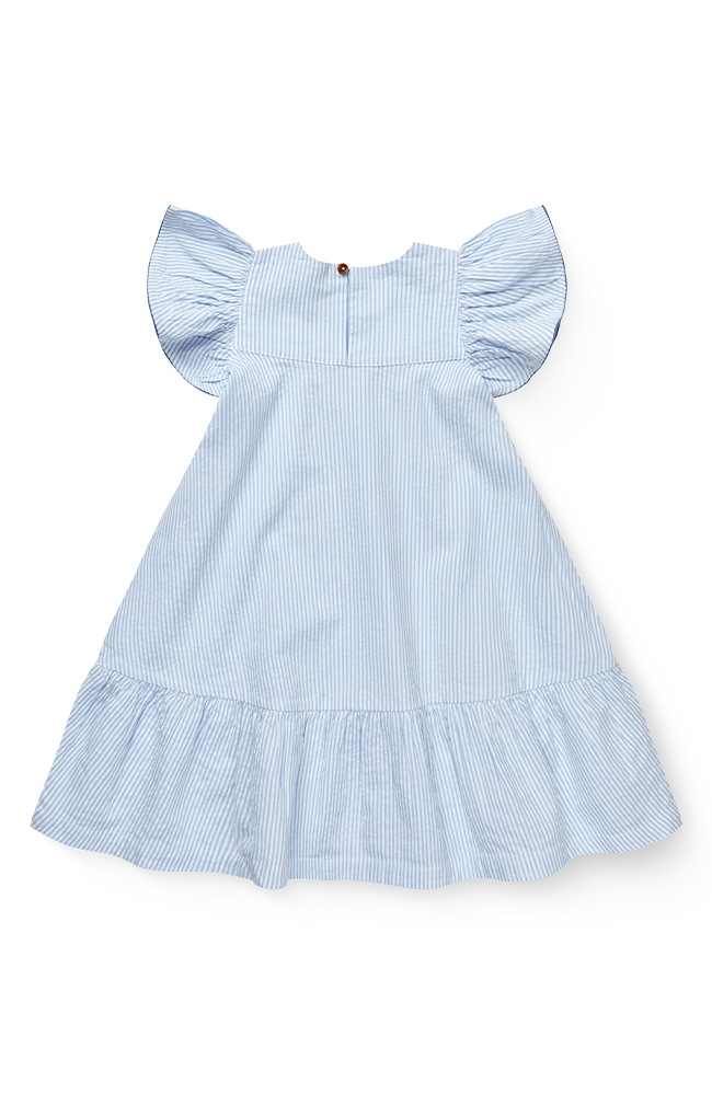 Seersucker Dress w/ Frill Sleeves - Sky Blue w/ Cream Stripe
