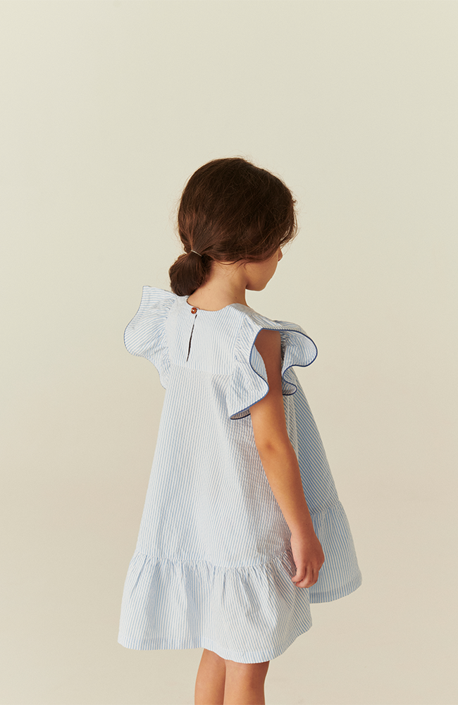 Seersucker Dress w/ Frill Sleeves - Sky Blue w/ Cream Stripe