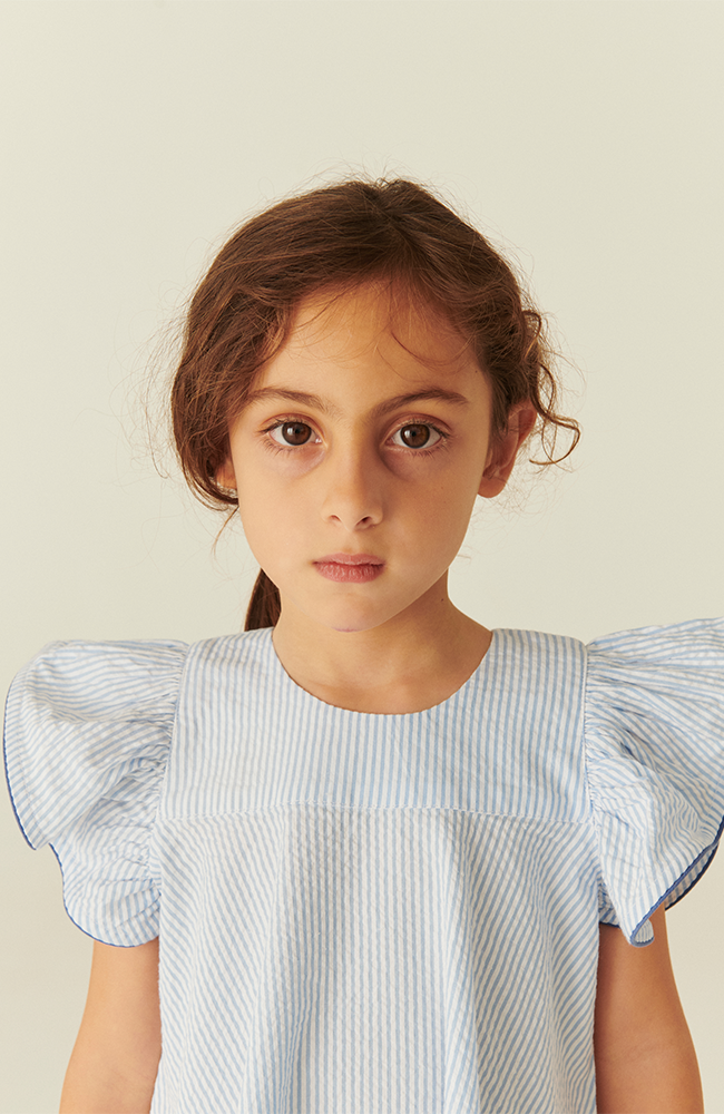 Seersucker Dress w/ Frill Sleeves - Sky Blue w/ Cream Stripe