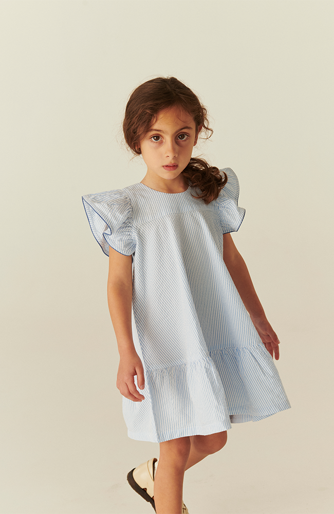 Seersucker Dress w/ Frill Sleeves - Sky Blue w/ Cream Stripe