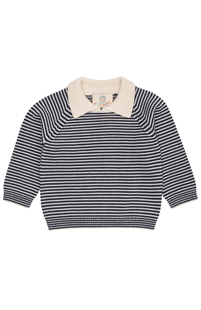 Merino Striped Blouse w/ Collar - Cream/Navy Stripe