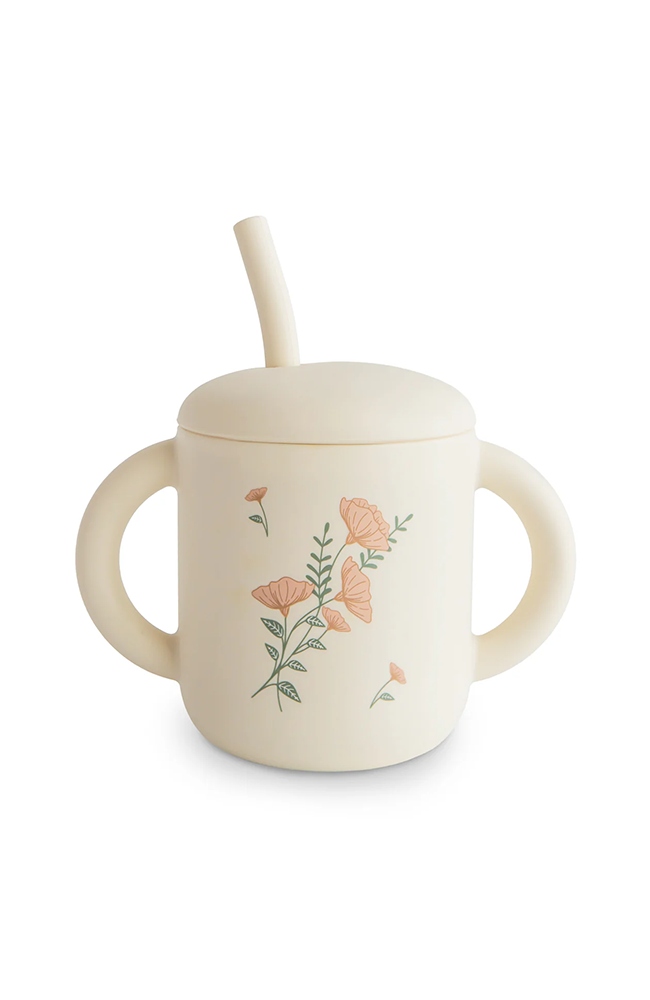 Silicone Training Cup + Straw - Pink Flowers