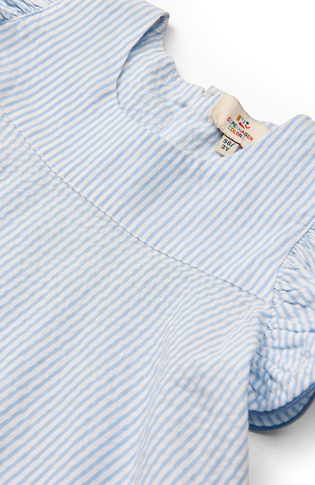 Seersucker Dress w/ Frill Sleeves - Sky Blue w/ Cream Stripe
