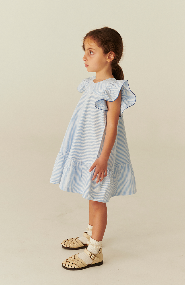 Seersucker Dress w/ Frill Sleeves - Sky Blue w/ Cream Stripe