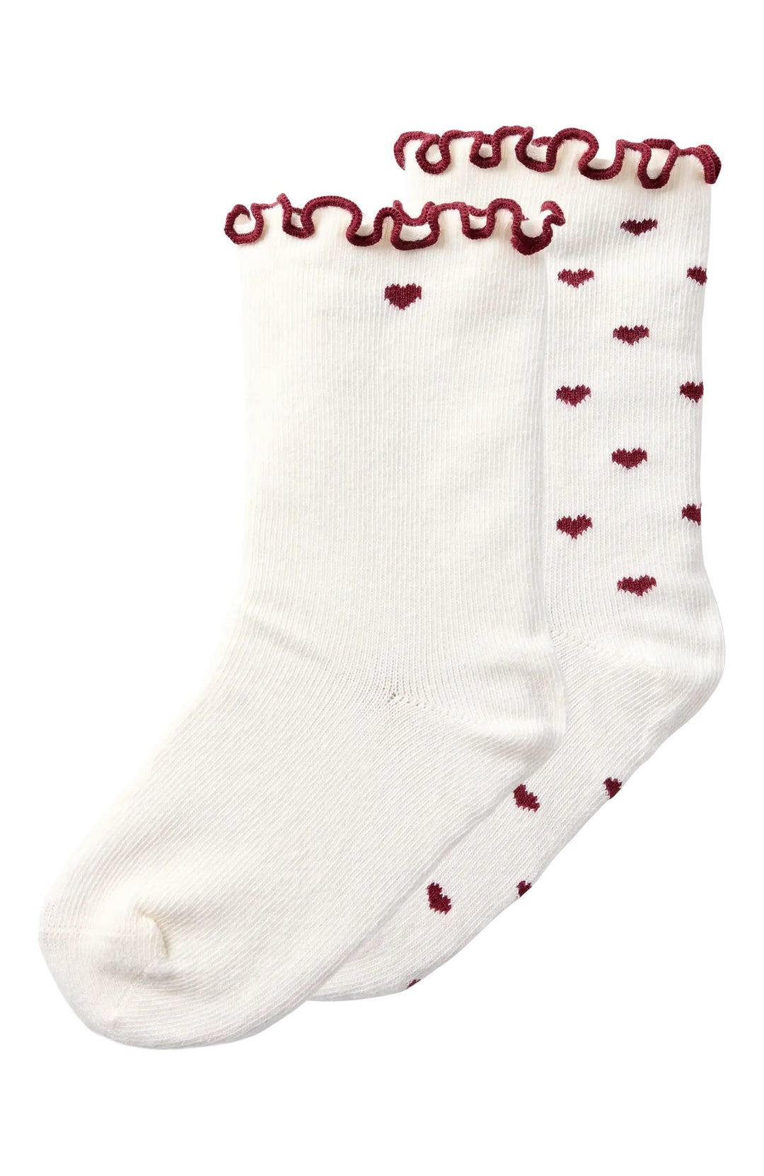 Rosita strumpor 2-pack från Lil' Atelier i Turtledove Hearts, offwhite med vinröd volangkant och hjärtan