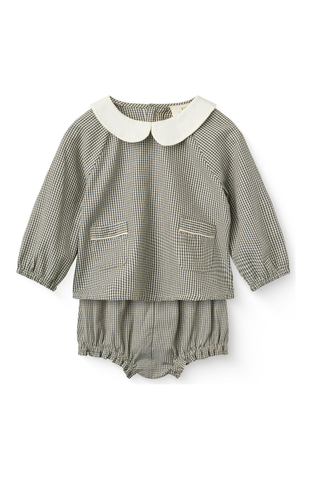 Rutigt babyset blus & bloomers - Brown/Sky Check