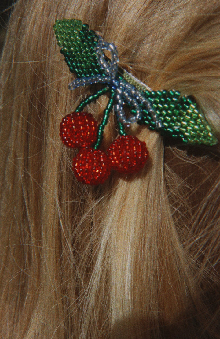2 Pack Beaded Cherry Bow Hair Clip - Cherry Konges Slöjd Hårspänne