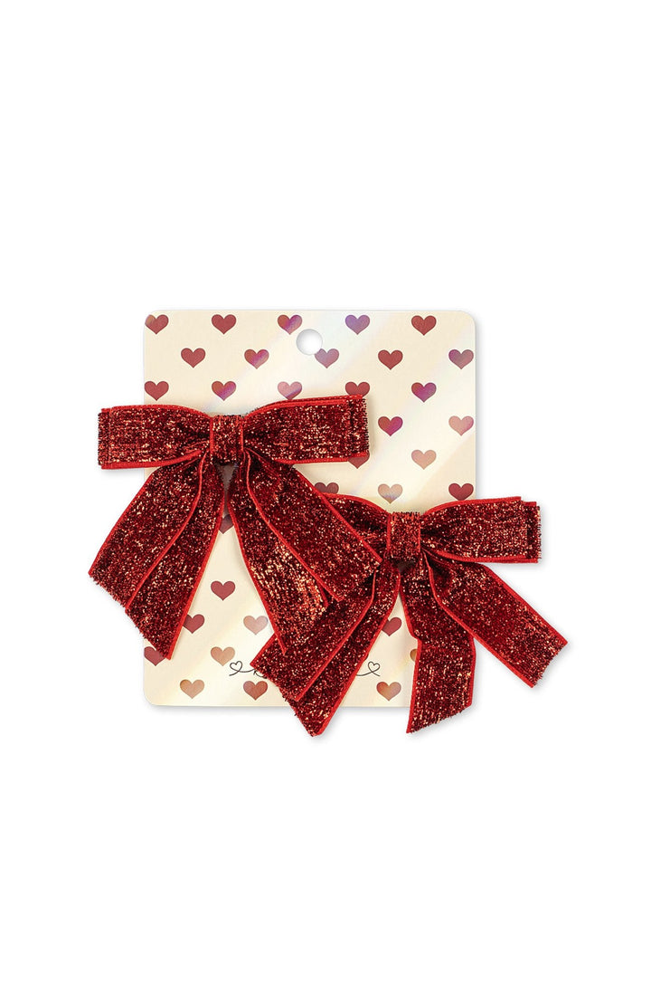 Velvet Double Bow Hair Clips 2-Pack - Red Glitter