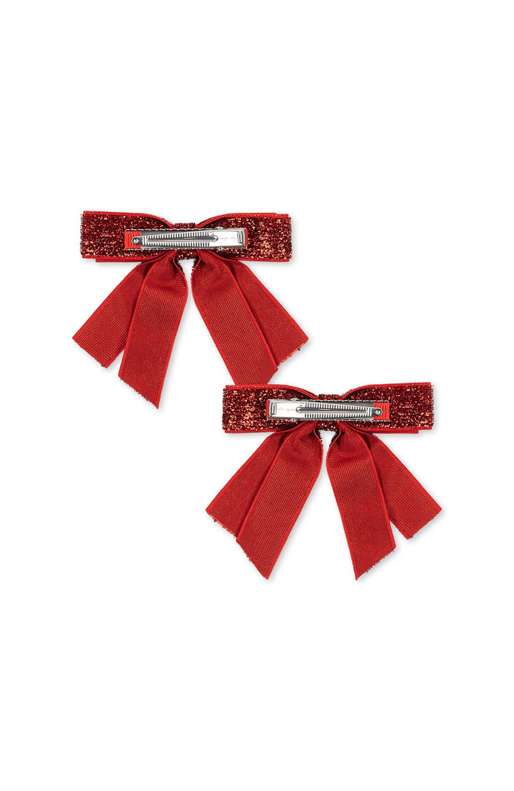 Velvet Double Bow Hair Clips 2-Pack - Red Glitter