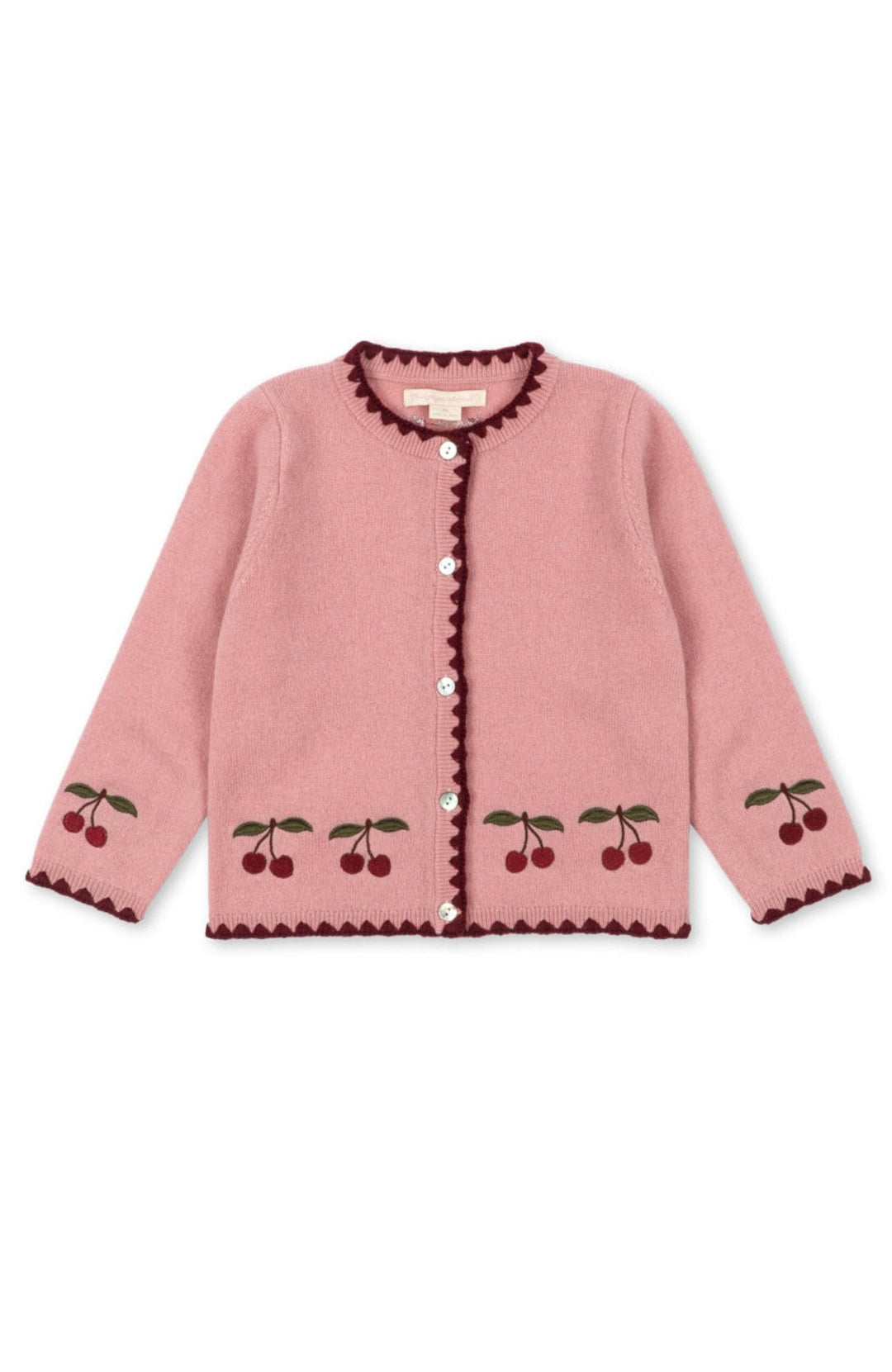 Collette Cardigan i Pale Blush med broderade körsbär, framsida