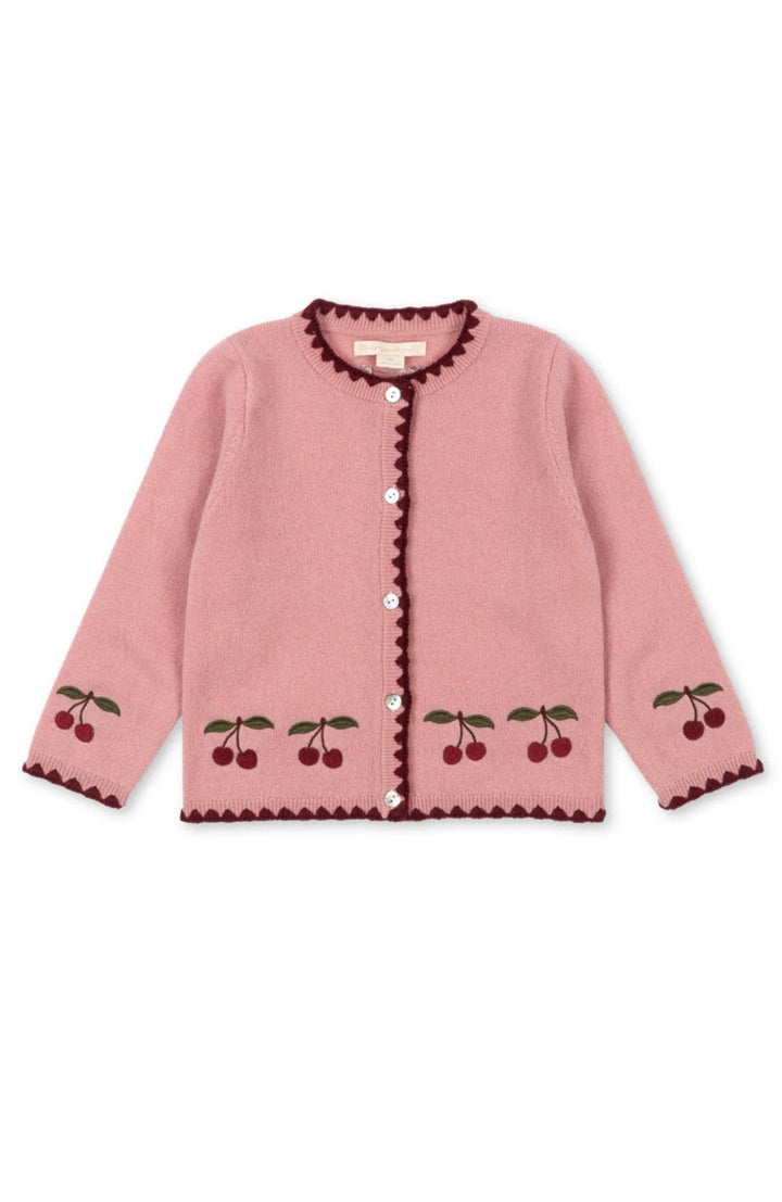 Collette Cardigan i Pale Blush med broderade körsbär, framsida
