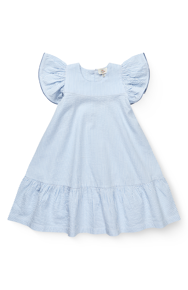 Seersucker Dress w/ Frill Sleeves - Sky Blue w/ Cream Stripe