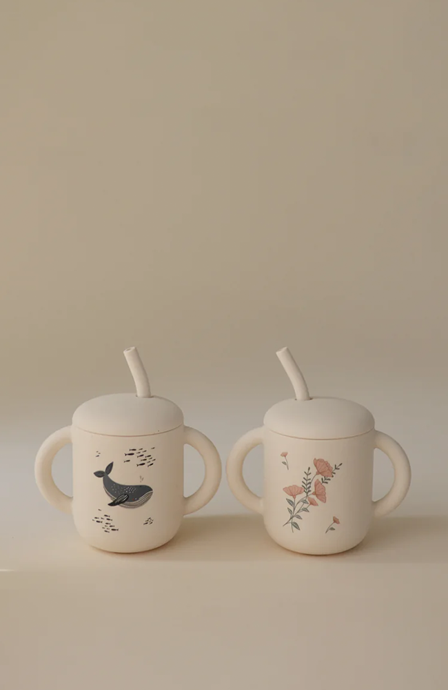 Silicone Training Cup + Straw - Pink Flowers