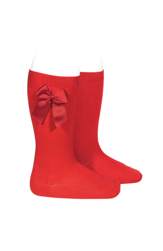 Cotton Knee Socks w/ Side Bow - Red