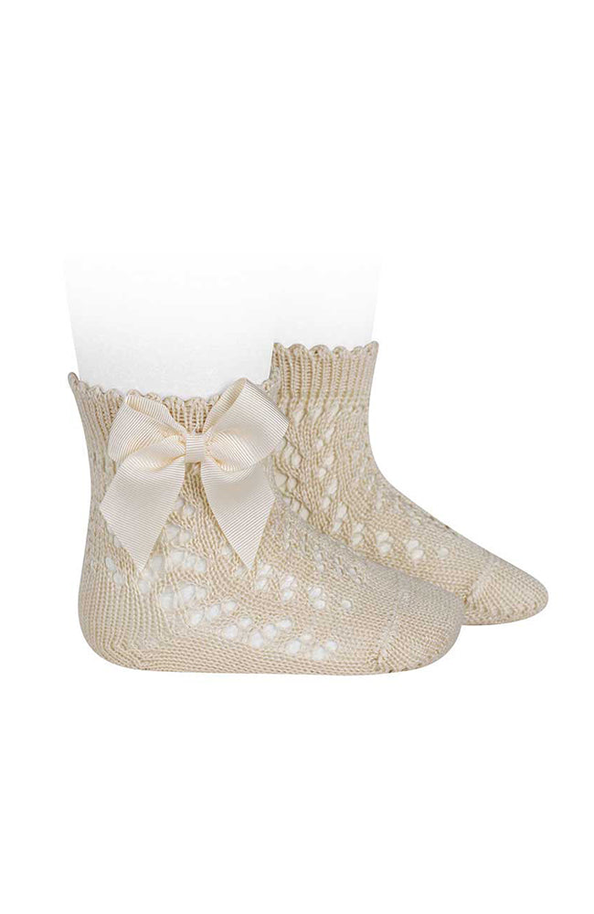 Perle Cotton Openwork Socks w/ Bow - Linen