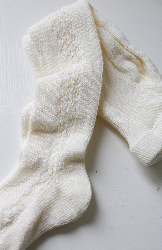Warm Cotton Tights w/ Side Openwork - Cream