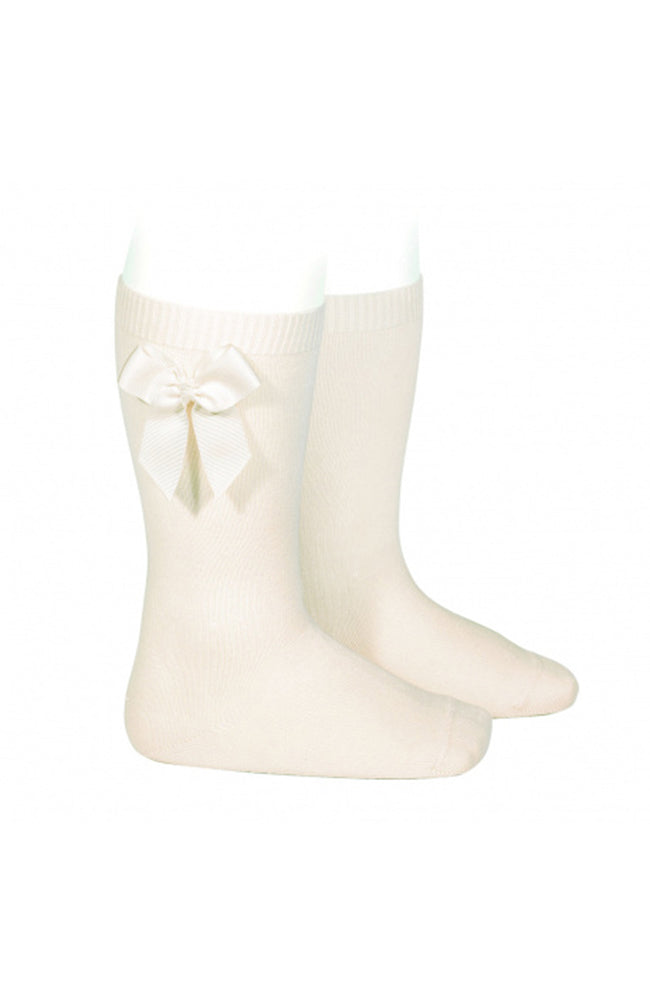Cotton Knee Socks w/ Side Bow - Cream