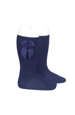 Cotton Knee Socks w/ Side Bow - Navy Blue