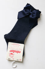 Cotton Knee Socks w/ Side Bow - Navy Blue