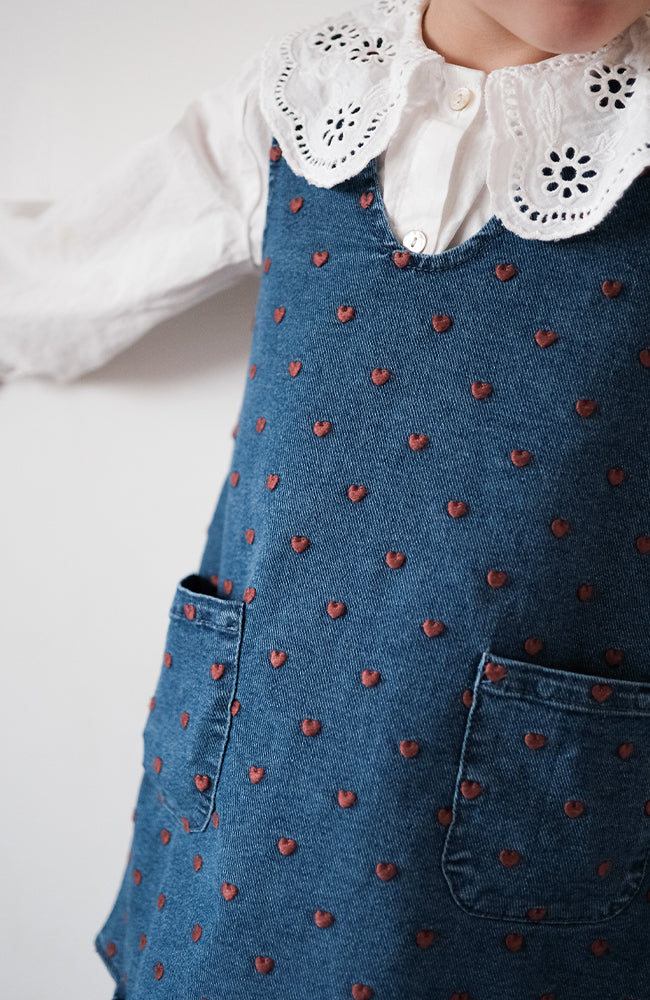 Liva Loose Denim Heart Embroidery Dress - Dark Blue