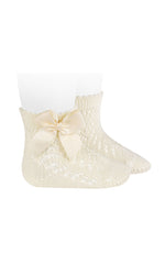 Perle Cotton Openwork Socks w/ Bow - Cream