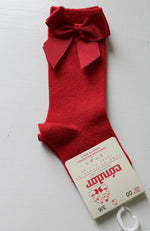 Cotton Knee Socks w/ Side Bow - Red
